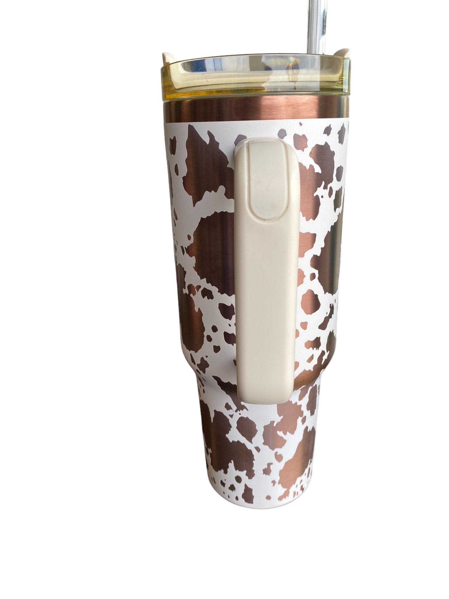Cowhide Print Tumbler  - engraved Country Tumbler - 40oz tumbler with handle - Cow Print Tumbler - Copper Cream Longhorn Cow