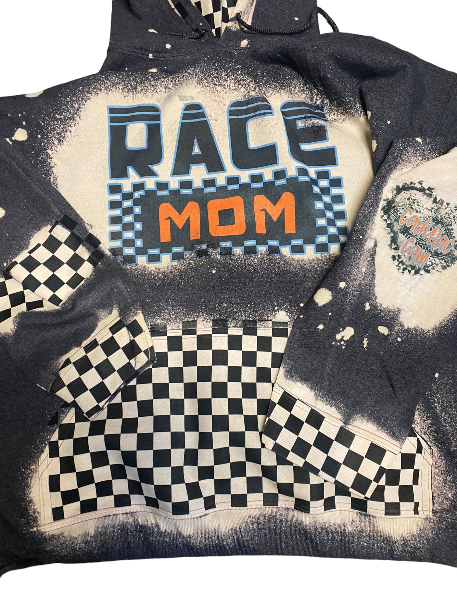 Race Mom Bleached Hoodie - Custom Color Racing hoodie Personalized number name - Car Truck Checkered Flag Dirt Track Motocross - Dirt Bike