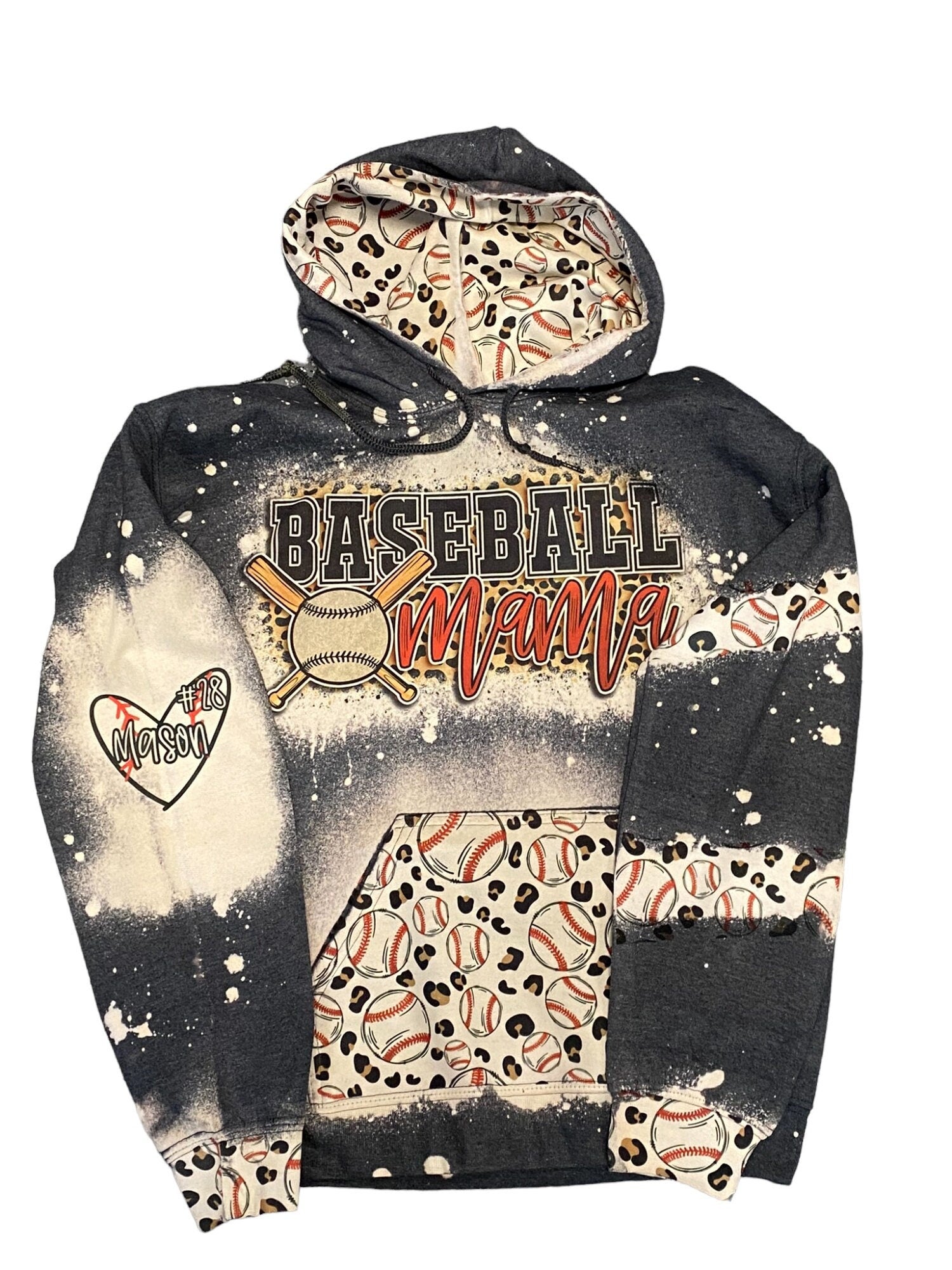 Baseball Mama Bleached Hoodie -  Custom baseball Heart with Names on Sleeve - Bleached Hoodie - Custom Hoodie - Baseball Shirt Sweatshirt