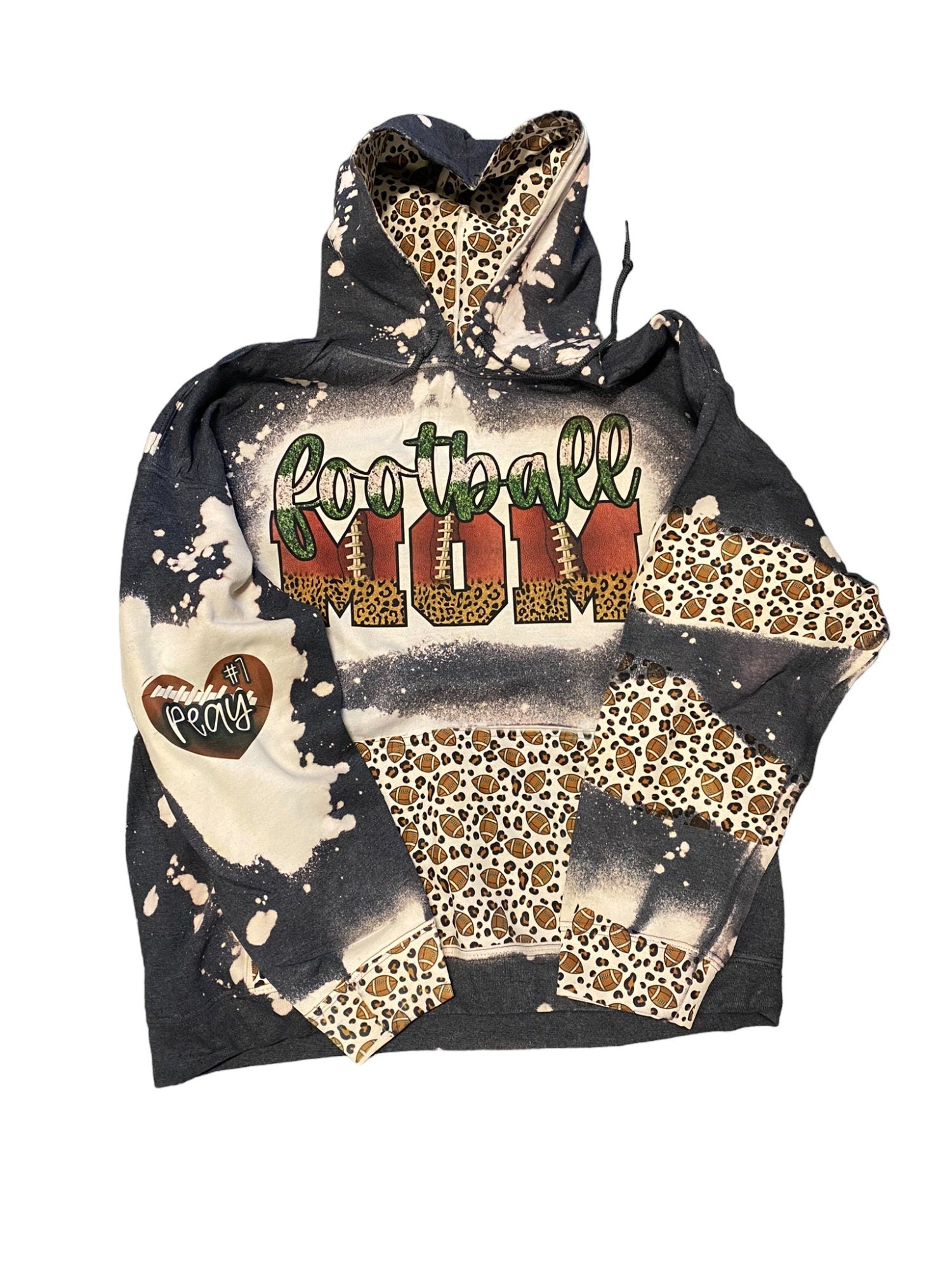 Football Mom Bleached Hoodie -  Custom Football eart with Names on Sleeve - Bleached Hoodie - Custom Hoodie - Football Shirt Sweatshirt