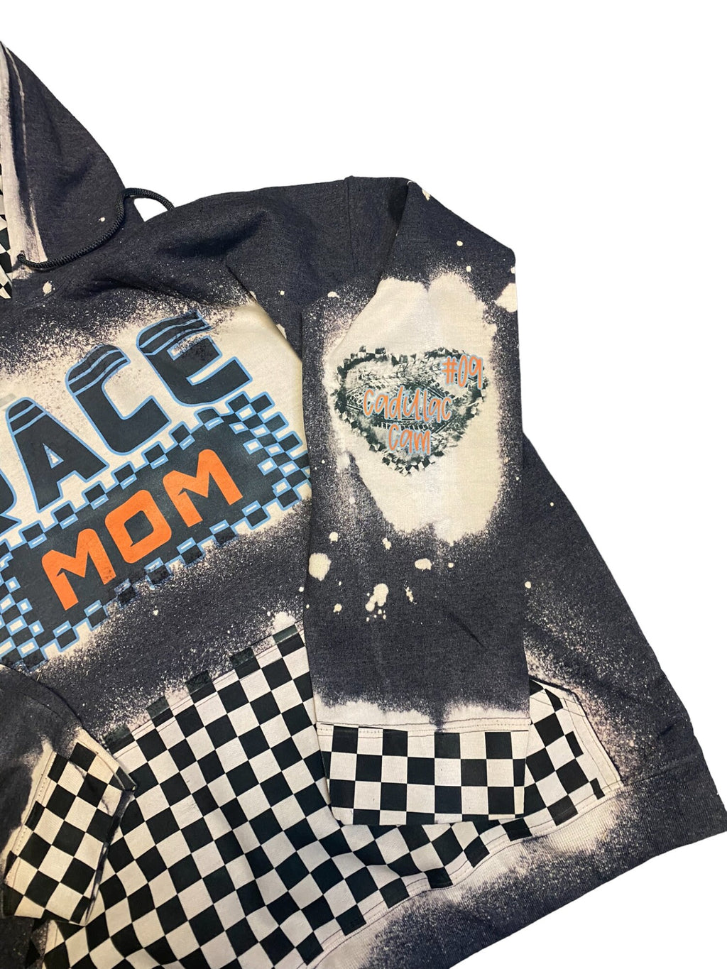 Race Mom Bleached Hoodie - Custom Color Racing hoodie Personalized number name - Car Truck Checkered Flag Dirt Track Motocross - Dirt Bike