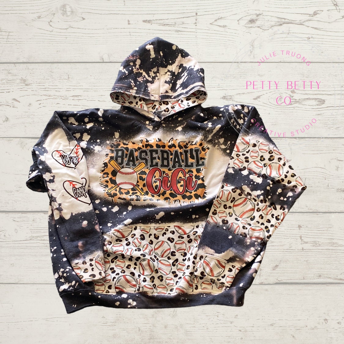 Baseball Gigi Bleached Hoodie - Custom baseball Heart with Names on Sleeve - Bleached Hoodie - Custom Hoodie - Baseball Shirt Sweatshirt