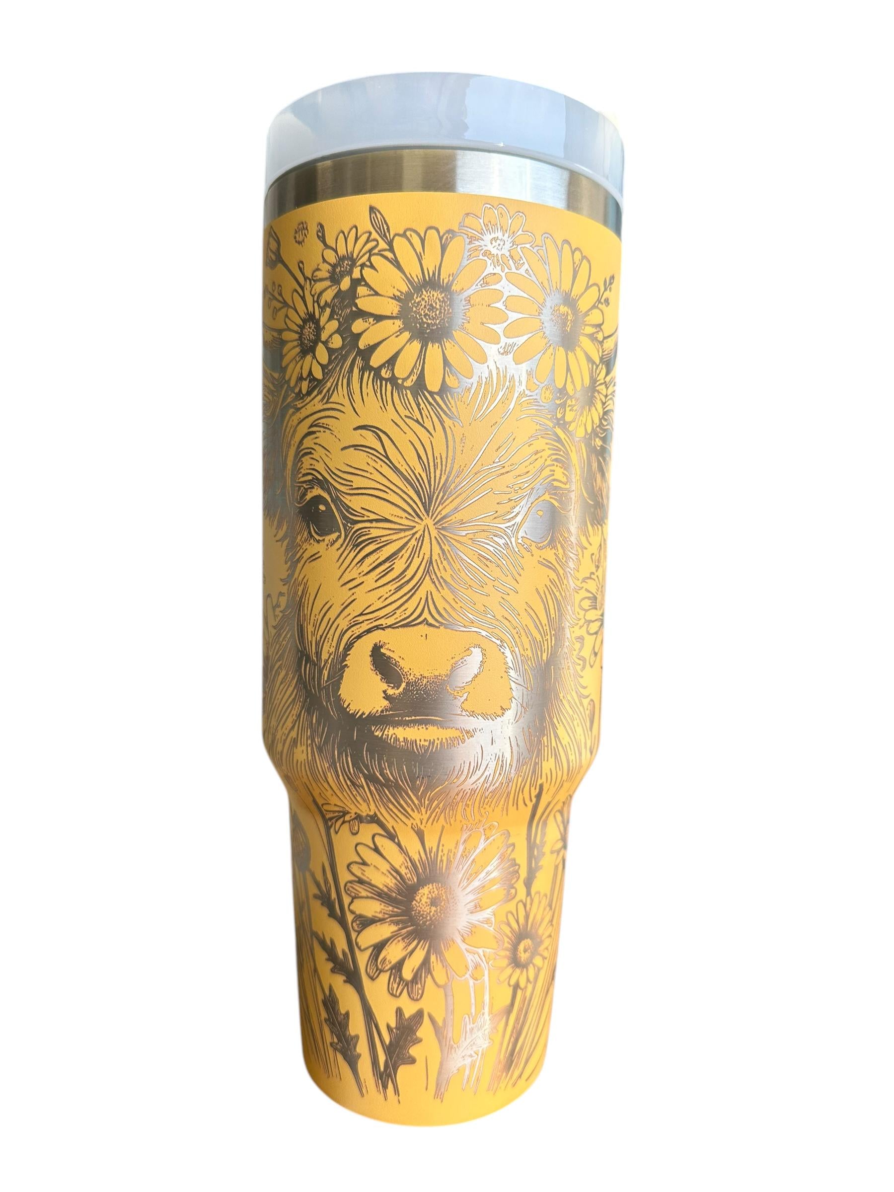 Floral Highland Cow Engraved Tumbler  - engraved Country Tumbler - 40oz tumbler with handle Custom Tumbler - Yellow Floral Tumbler