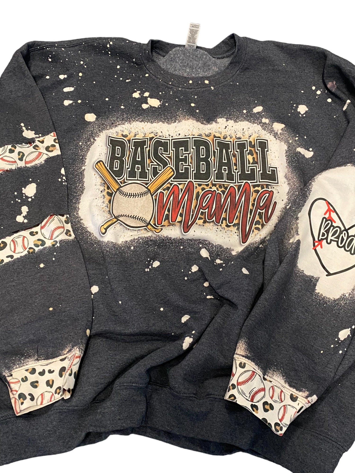 Baseball Mama Bleached Crewneck -  Custom Heart with Names on Sleeve - Bleached Hoodie - Custom Bleached Crewneck - Baseball Sweatshirt