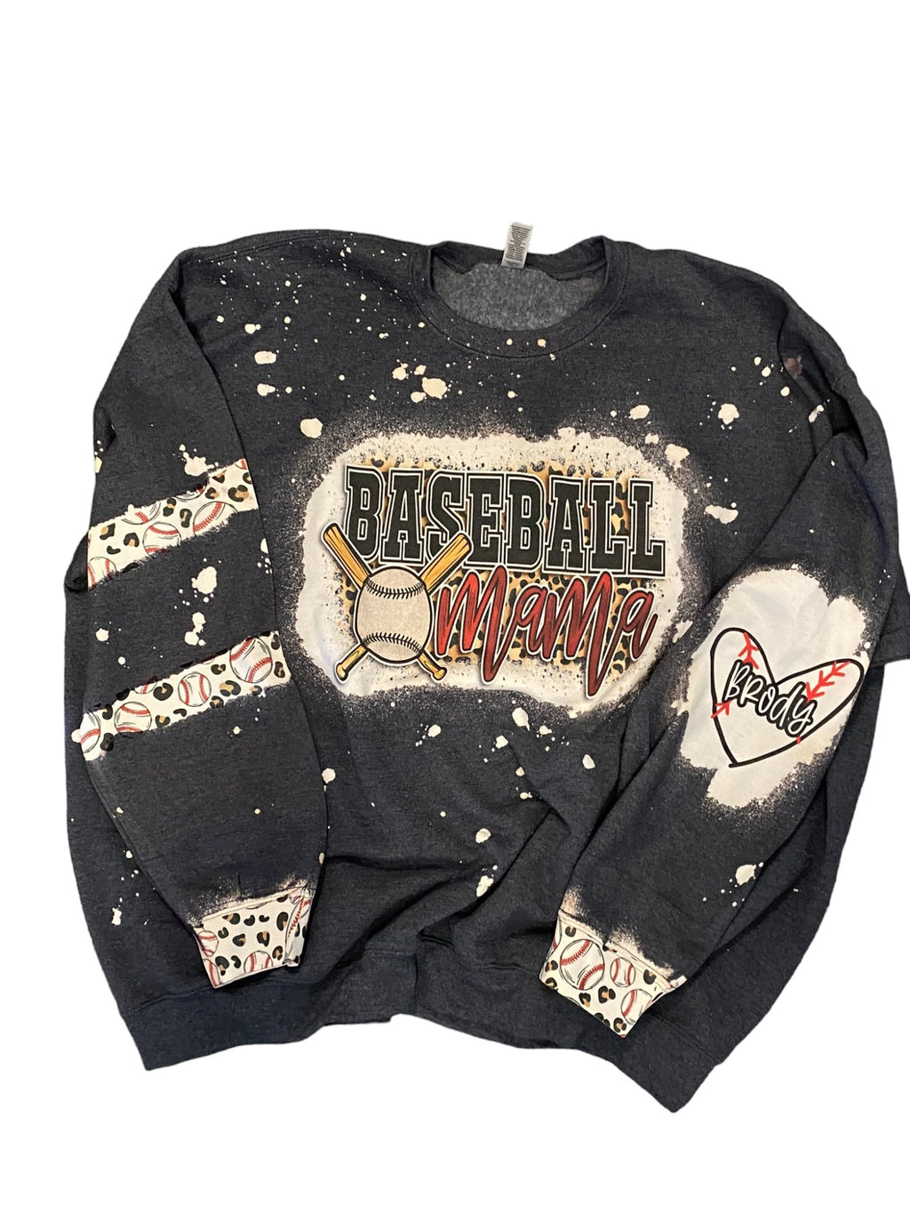 Baseball Mama Bleached Crewneck -  Custom Heart with Names on Sleeve - Bleached Hoodie - Custom Bleached Crewneck - Baseball Sweatshirt