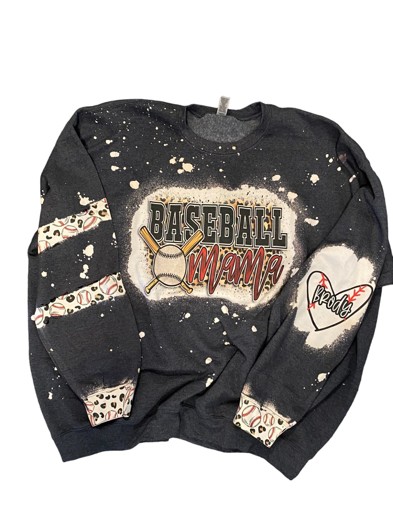 Baseball Mama Bleached Crewneck -  Custom Heart with Names on Sleeve - Bleached Hoodie - Custom Bleached Crewneck - Baseball Sweatshirt