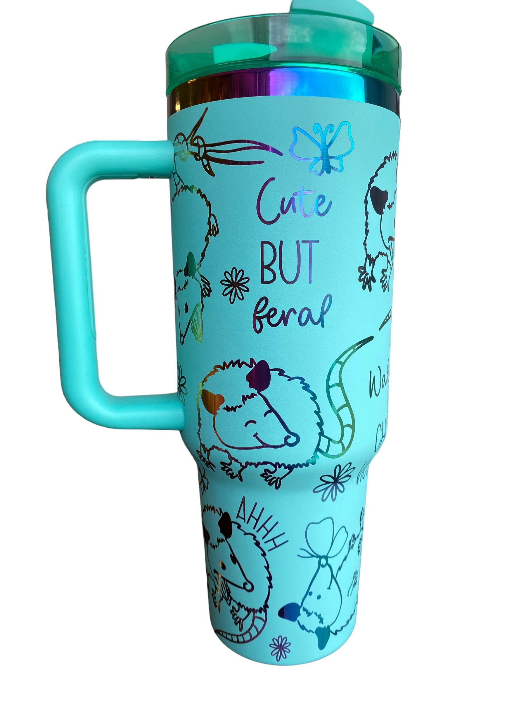 Cute but Feral Tumbler- Trash Panda 40oz tumbler, opposum Engraved Tumbler, funny possum Gift, Laser engraved, Floral tumbler Flower tumbler