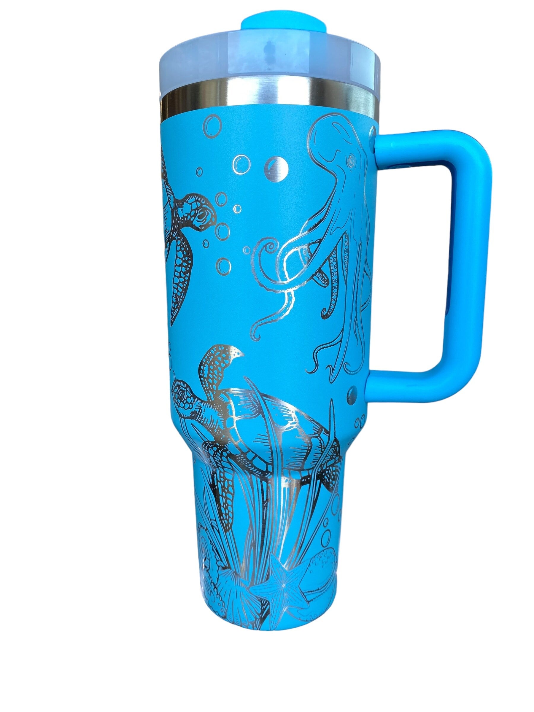 Octopus and Turtle Engraved Cup - Custom Engraved Cup  - 40oz tumbler with handle - Ocean Theme Tumbler