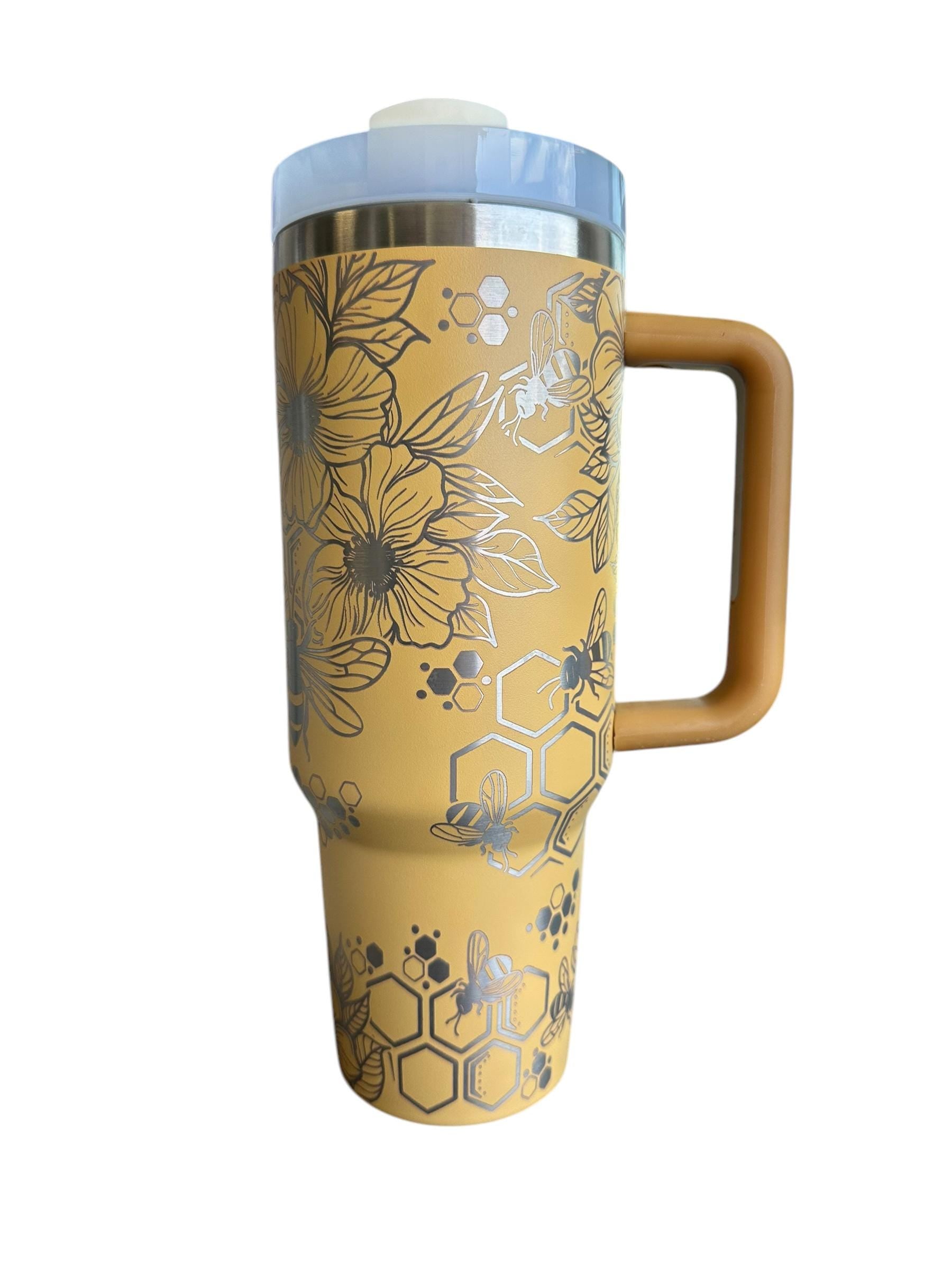 Floral Honey Bee Engraved Tumbler  - engraved Country Tumbler - 40oz tumbler with handle Custom Tumbler - Yellow Floral Tumbler