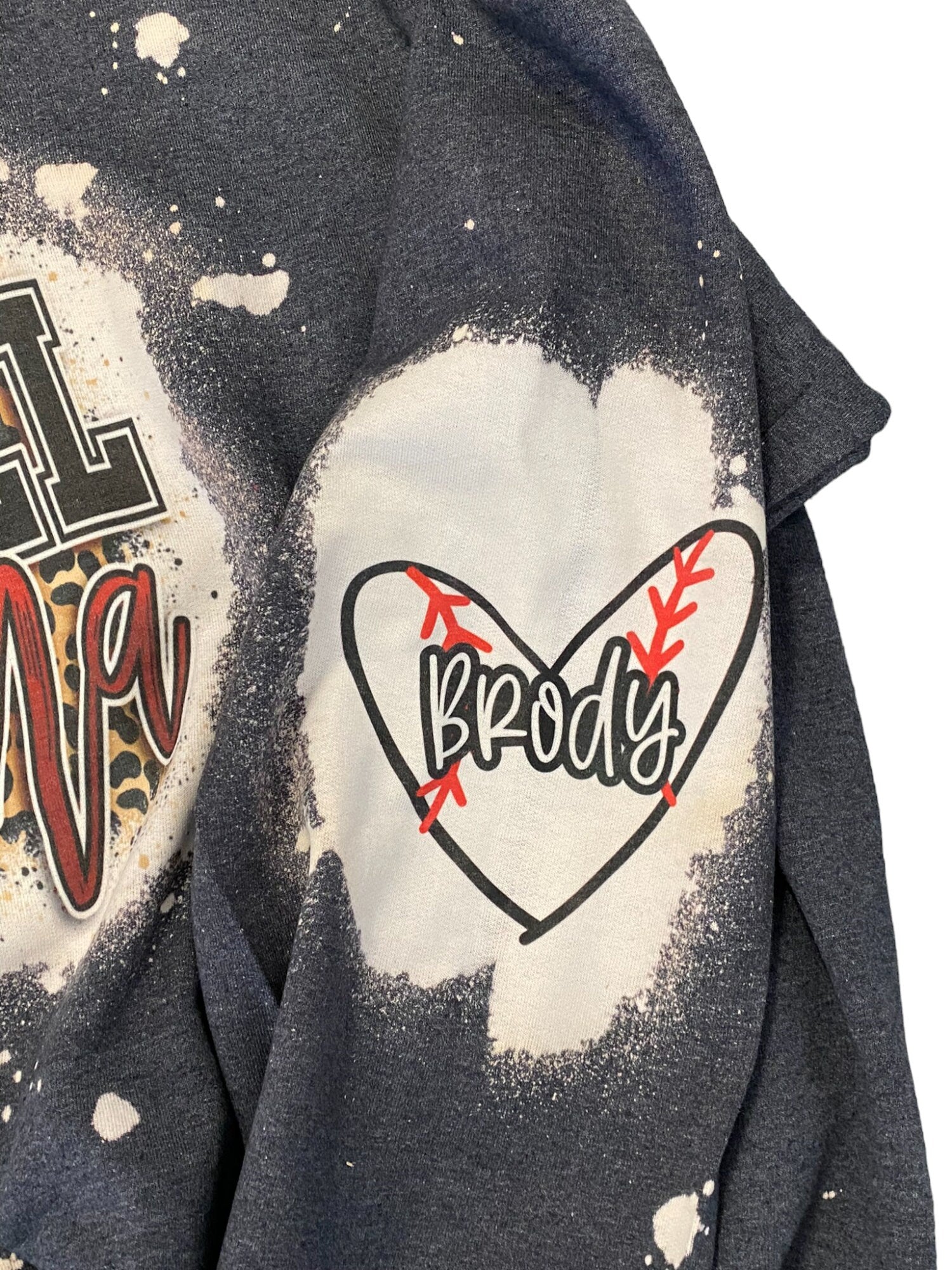 Baseball Mama Bleached Crewneck -  Custom Heart with Names on Sleeve - Bleached Hoodie - Custom Bleached Crewneck - Baseball Sweatshirt