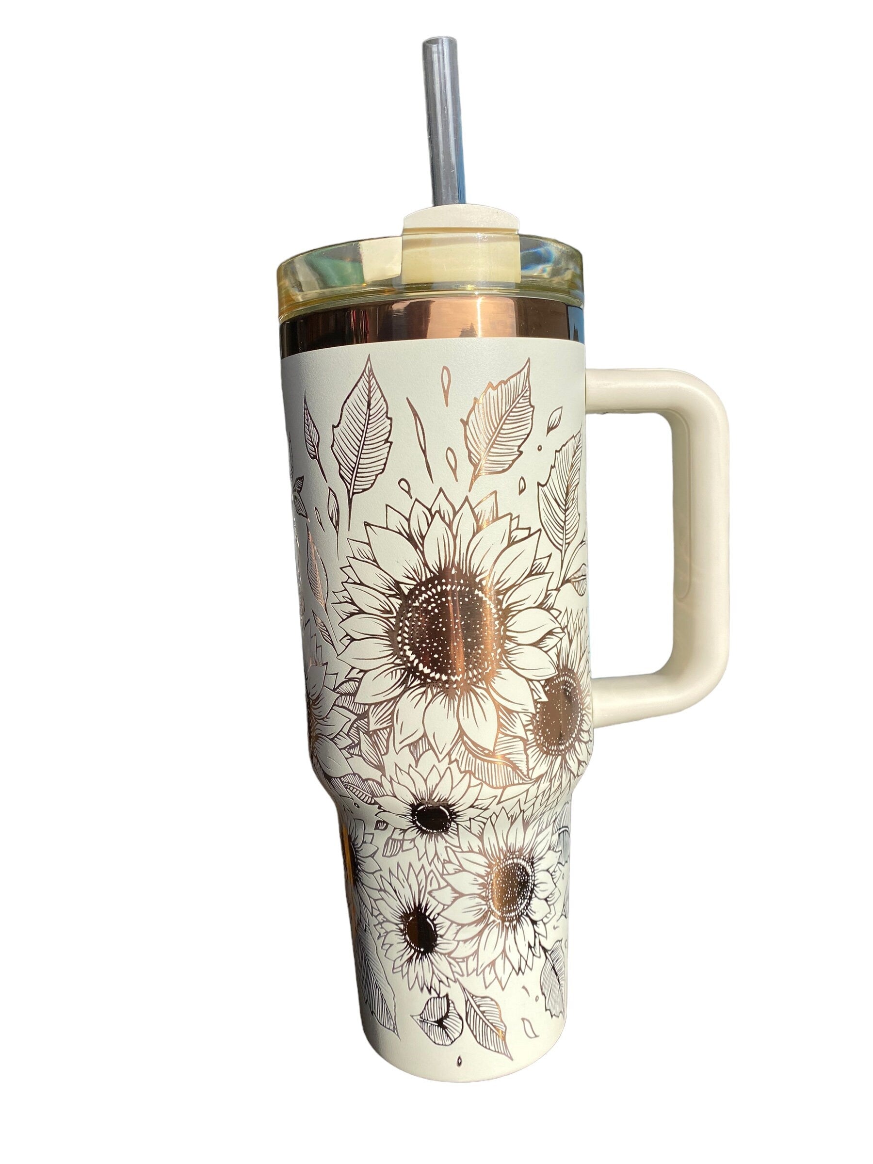 Sunflowers Engraved Tumbler  - engraved Country Tumbler - 40oz tumbler with handle - Custom Tumbler - Copper and Cream Floral Tumbler