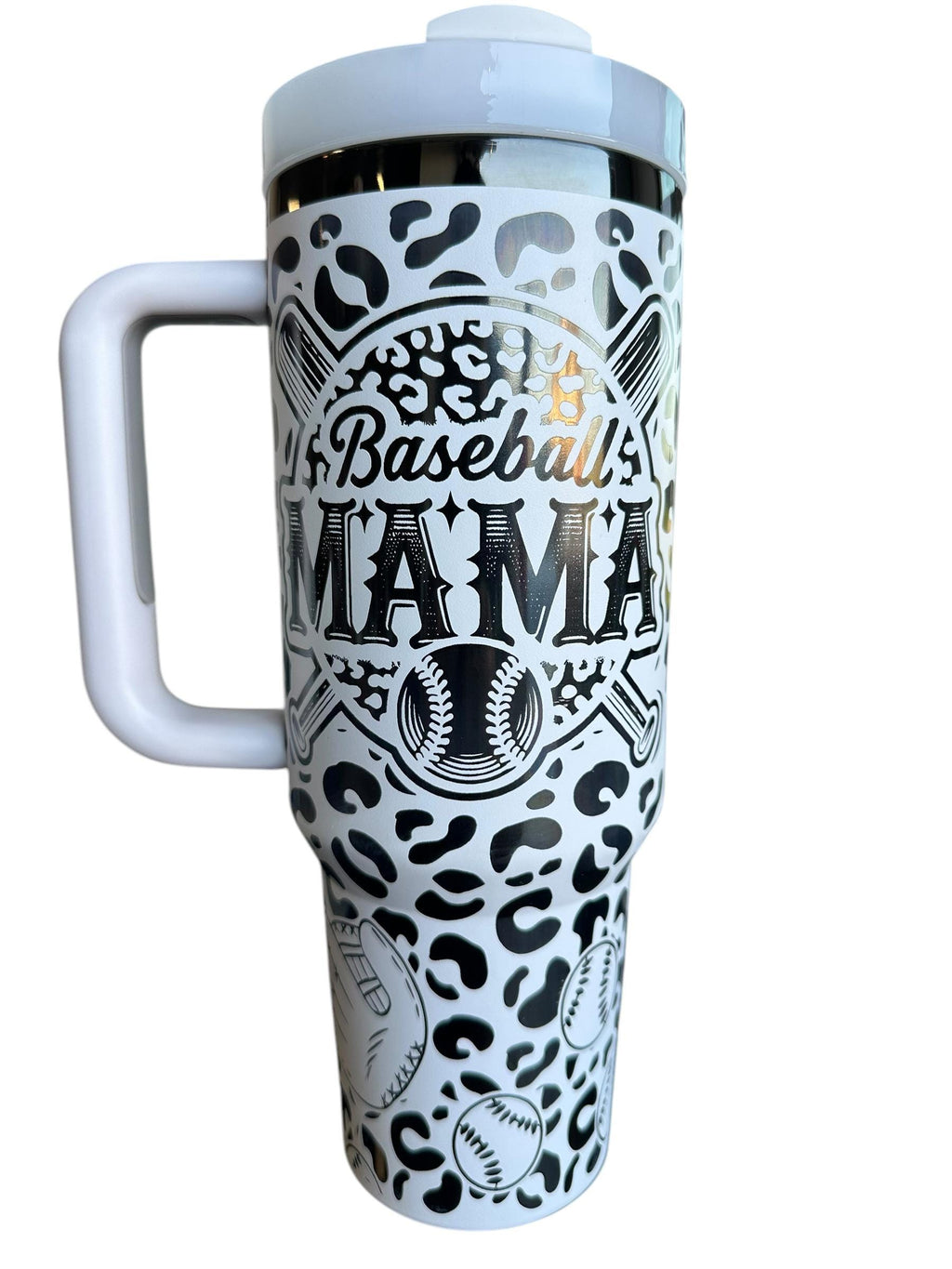 Baseball Mama engraved Tumbler - Leopard Baseball Cup - Cute Baseball Stand Accessory - 40oz tumbler with handle - Baseball Life