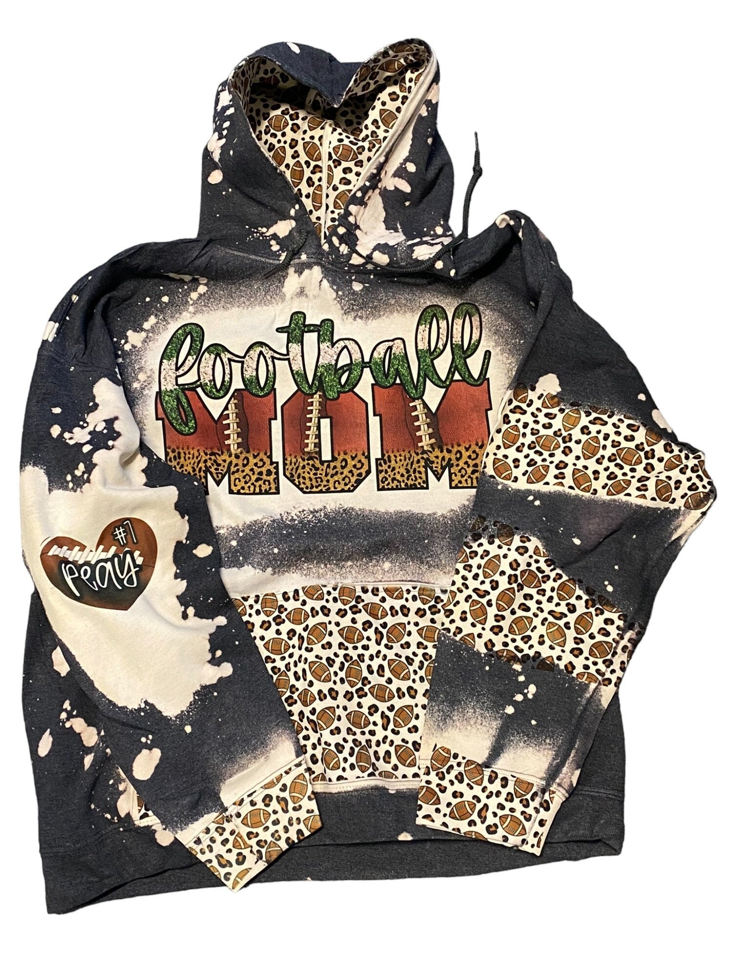 Football Mom Bleached Hoodie -  Custom Football eart with Names on Sleeve - Bleached Hoodie - Custom Hoodie - Football Shirt Sweatshirt