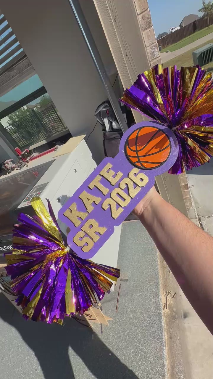 Personalized Basketball Cheerstick – Custom Wooden Pom-Pom Spirit Sign