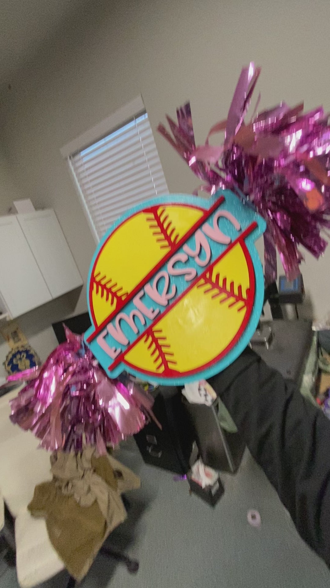 Custom Softball Cheerstick – Personalized Wooden Pom-Pom Spirit Sign