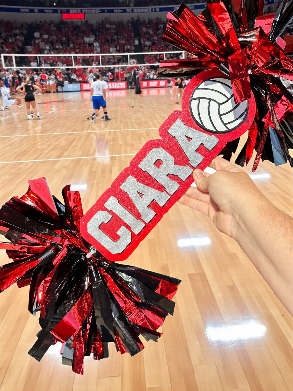 Personalized Volleyball Cheerstick – Custom Wooden Pom-Pom Spirit Sign
