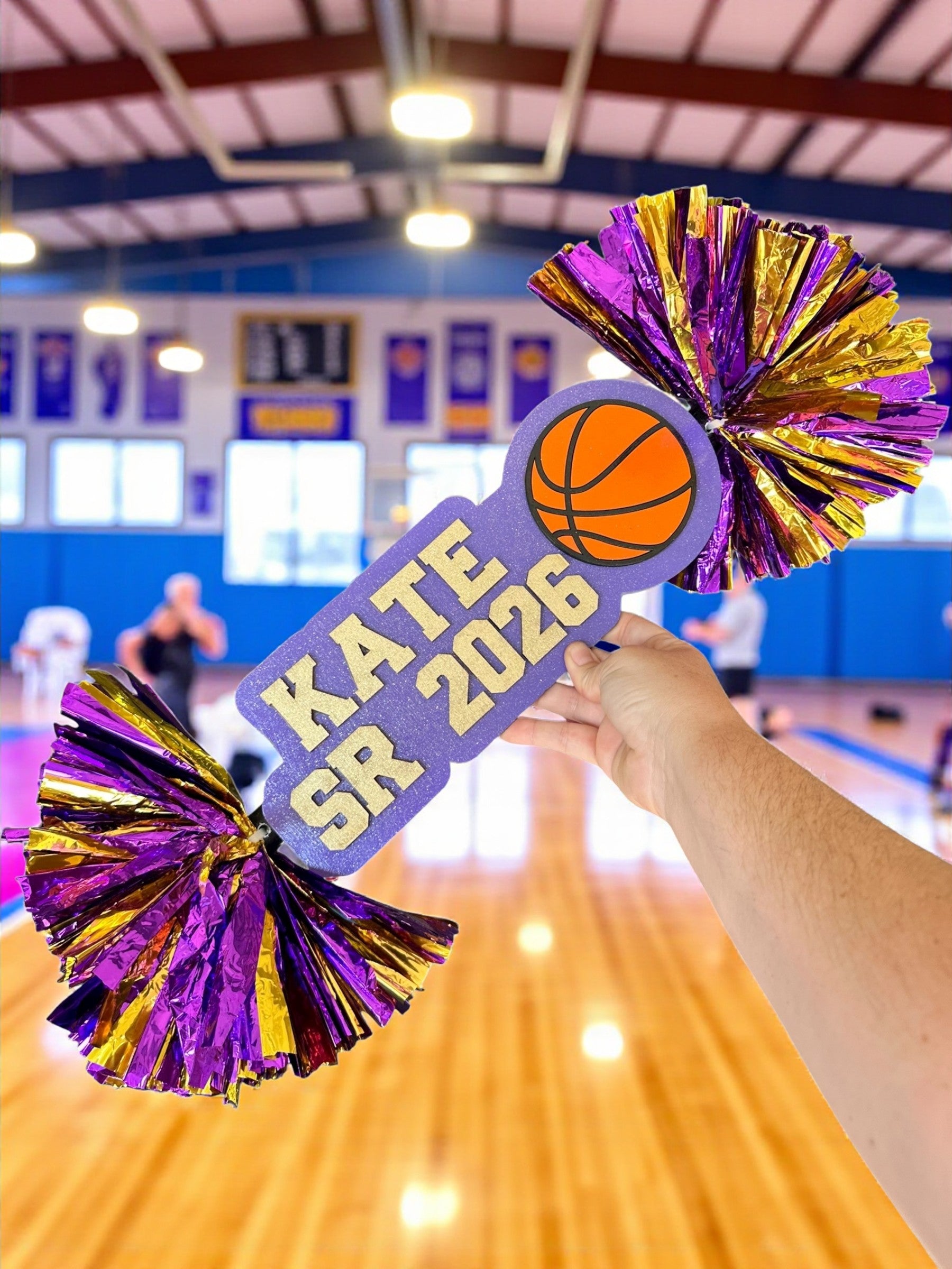 Personalized Basketball Cheerstick – Custom Wooden Pom-Pom Spirit Sign